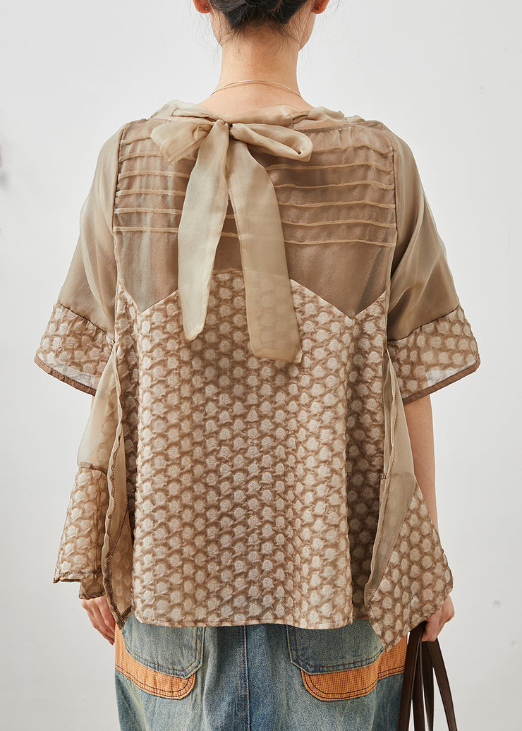 Organic Khaki Jacquard Patchwork Spandex Shirt Top Summer