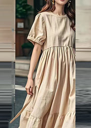 Organic Khaki O Neck Wrinkled Patchwork Linen Dress Summer