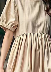Organic Khaki O Neck Wrinkled Patchwork Linen Dress Summer