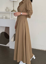 Organic Khaki Peter Pan Collar Wrinkled Patchwork Cotton Long Dresses Spring