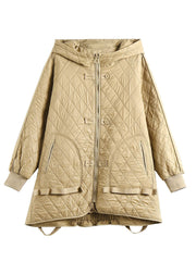 Organic Khaki Plaid Zippered Drawstring Fine Cotton Filled Hoodie Down Jackets Winter