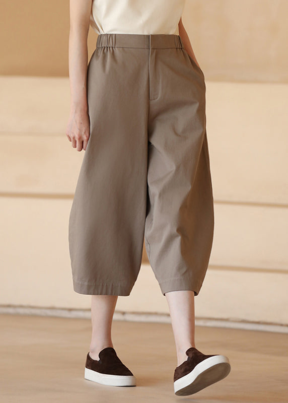 Organic Khaki Pockets High Waist Cotton Wide Leg Pants Summer