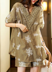 Organic Khaki V Neck Embroideried Patchwork Chiffon Sets Summer