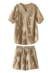 Organic Khaki V Neck Embroideried Patchwork Chiffon Sets Summer