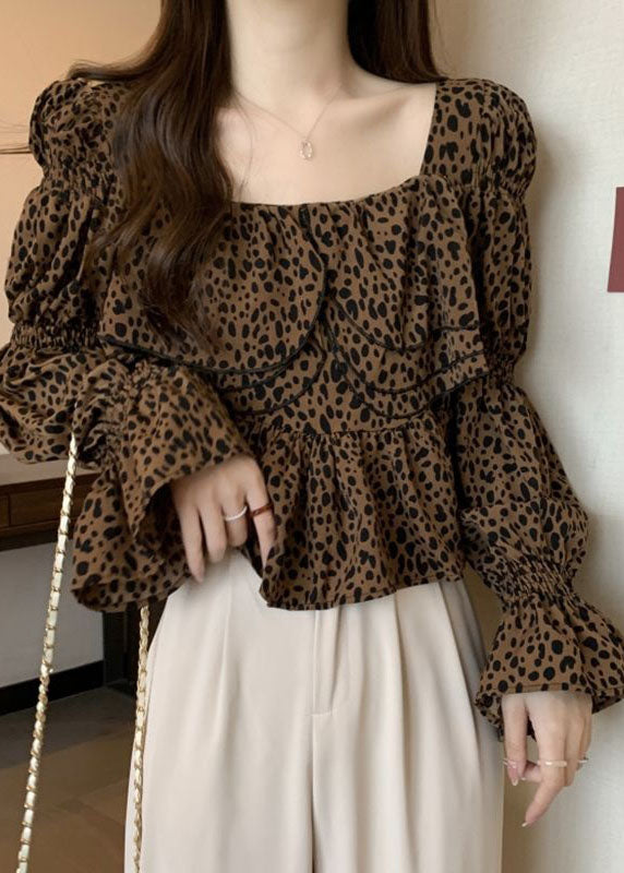 Organic Leopard Ruffled Patchwork Chiffon Shirt Tops Flare Sleeve