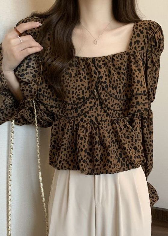 Organic Leopard Ruffled Patchwork Chiffon Shirt Tops Flare Sleeve