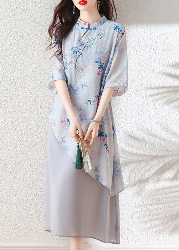 Organic Light Blue Asymmetrical Patchwork Linen Dresses Summer
