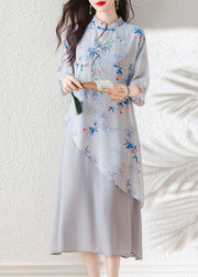 Organic Light Blue Asymmetrical Patchwork Linen Dresses Summer