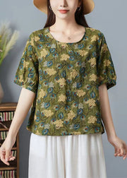 Organic Light Green O Neck Print Patchwork Cotton Top Summer