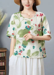 Organic Light Green O Neck Print Patchwork Cotton Top Summer