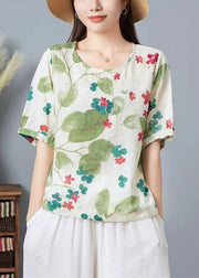 Organic Light Green O Neck Print Patchwork Cotton Top Summer