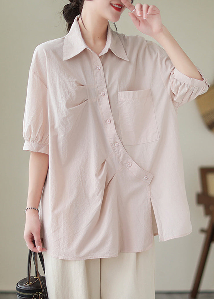 Organic Light Pink Asymmetrical Design Oversized Cotton Shirt Tops Half Sleeve