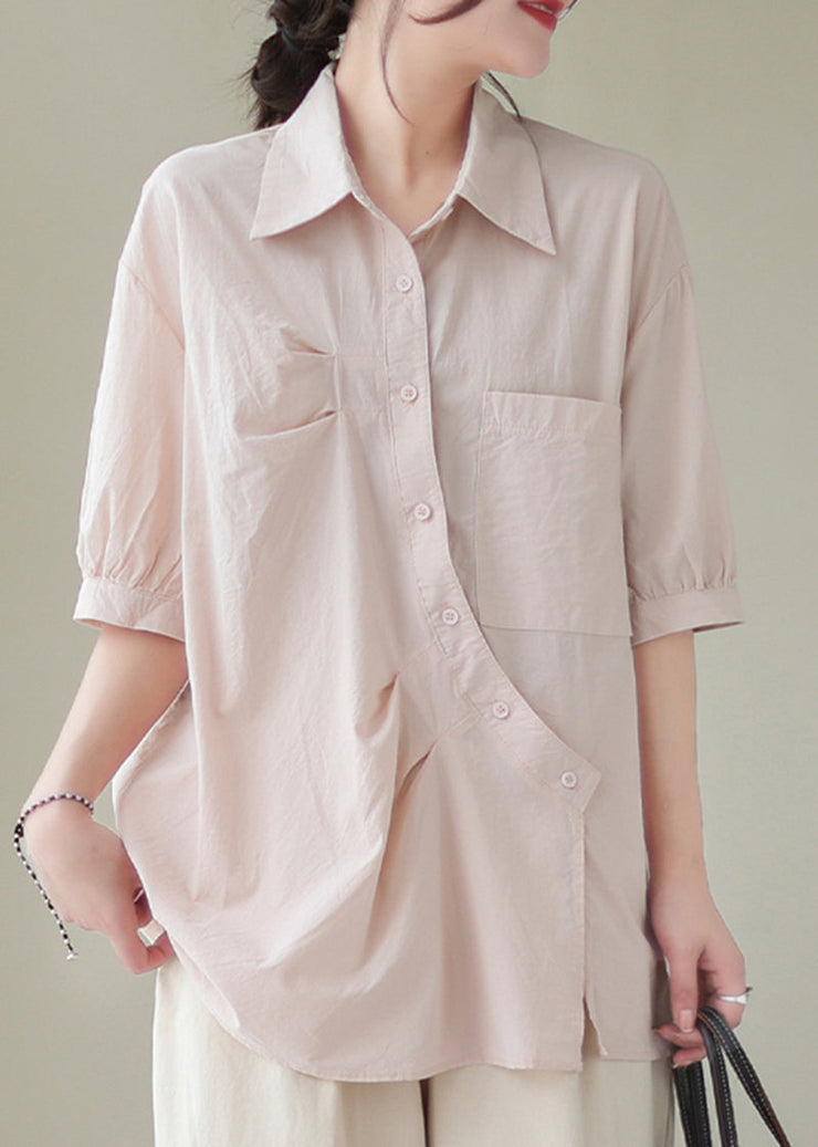 Organic Light Pink Asymmetrical Design Oversized Cotton Shirt Tops Half Sleeve