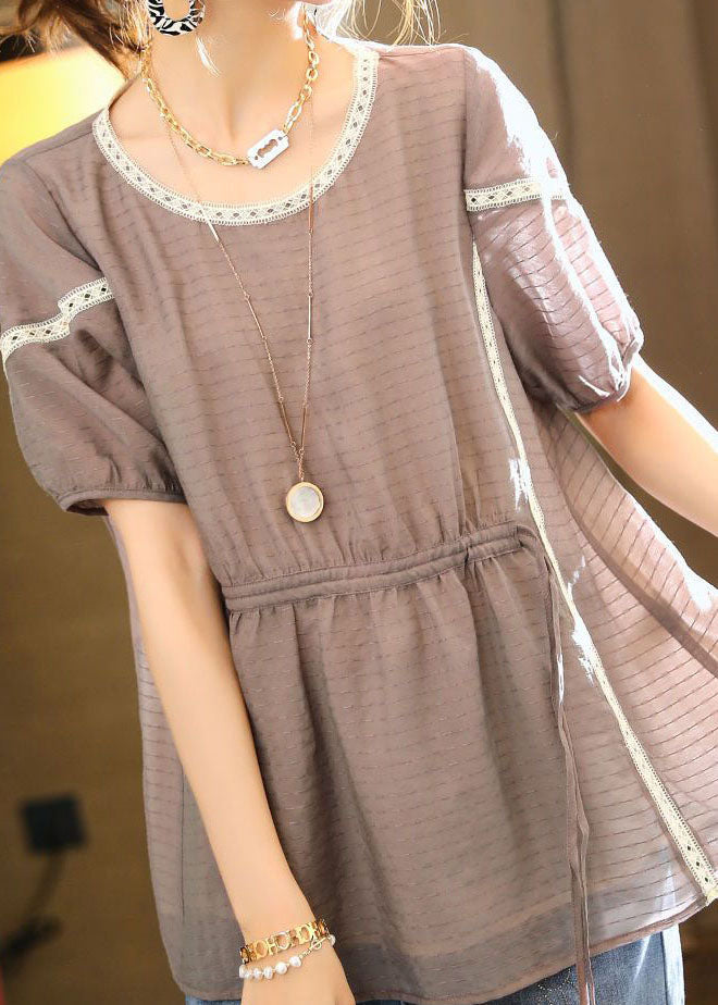 Organic Light Purple O Neck Lace Patchwork Silk Tops Summer