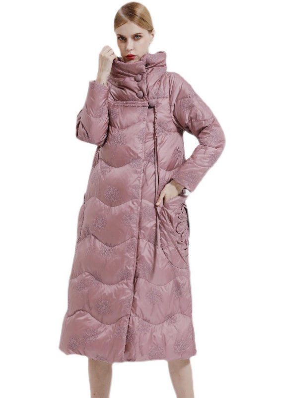 Organic Light Purple Stand Collar Tasseled Patchwork Duck Down Long Coats Long Sleeve