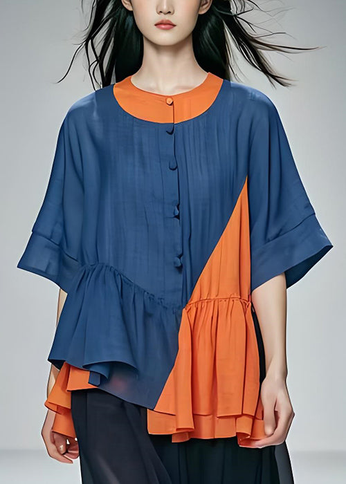 Organic Navy O-Neck Asymmetrical Patchwork Cotton Top Summer