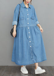 Organic Navy Oversized Patchwork Wrinkled Denim Vacation Dresses Spring