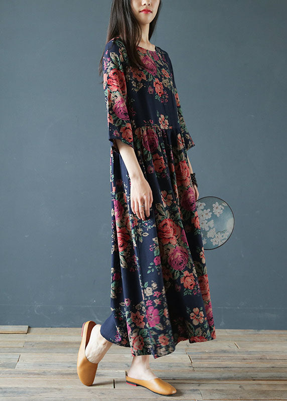 Organic Navy Oversized Print Exra Large Hem Cotton Dresses Half Sleeve