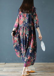 Organic Navy Oversized Print Exra Large Hem Cotton Dresses Half Sleeve