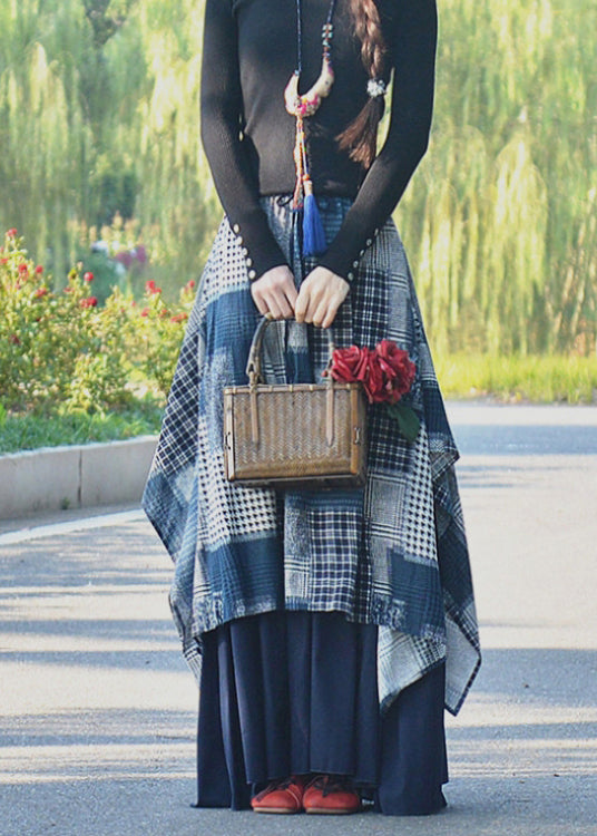 Organic Navy Print Wrinkled Patchwork Cotton Skirt Spring