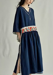 Organic Navy V Neck Patchwork Side Open Cotton Dress Summer