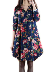 Organic Navy V Neck Print Patchwork Linen Dresses Spring