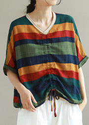 Organic Navy V Neck Striped Patchwork Cotton T Shirts Summer