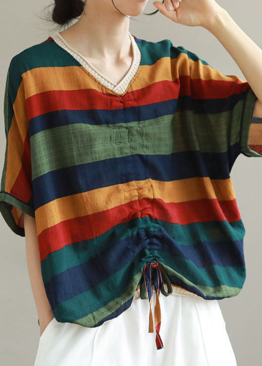 Organic Navy V Neck Striped Patchwork Cotton T Shirts Summer