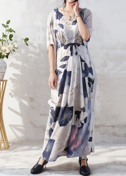 Organic O Neck Print Wrinkled Silk Long Dress Summer