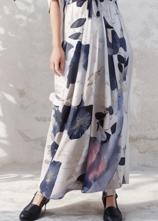 Organic O Neck Print Wrinkled Silk Long Dress Summer