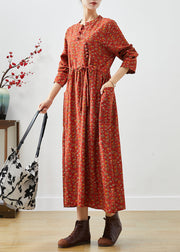 Organic Orange Cinched Print Cotton Vacation Dresses Fall