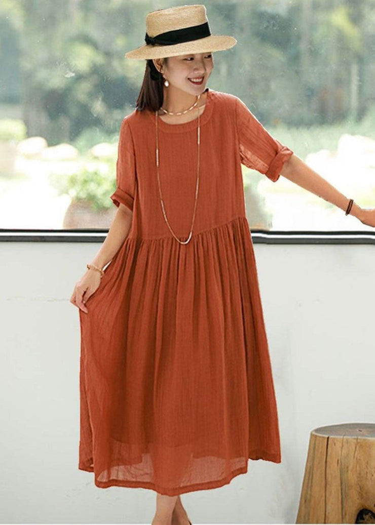 Organic Orange O Neck Wrinkled Patchwork Linen Dress Summer