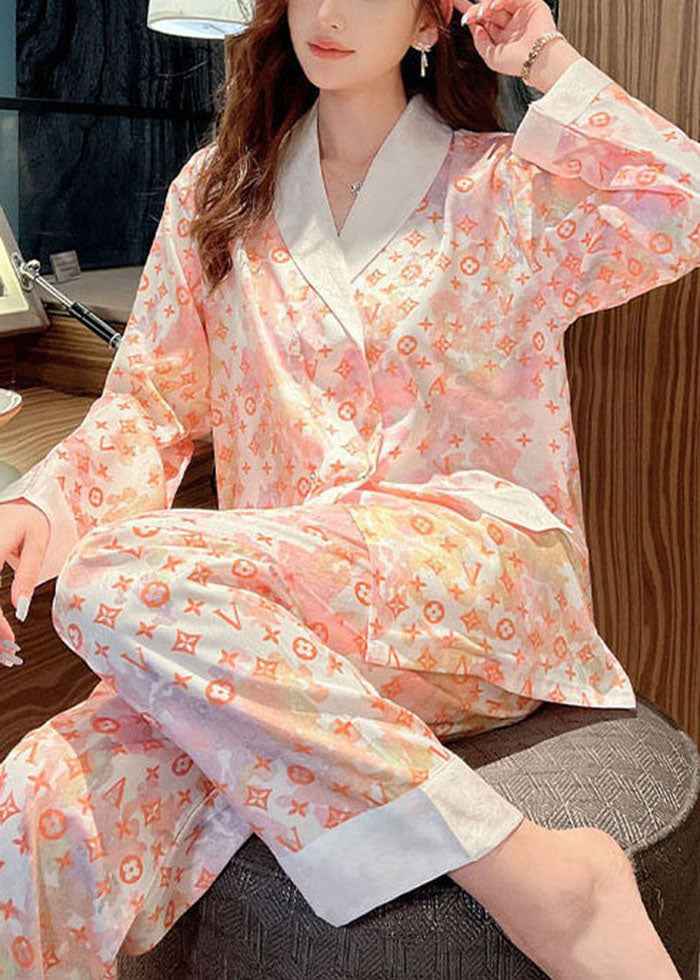 Organic Orange Original Design Print Patchwork Ice Silk Pajamas Two-Piece Set Spring