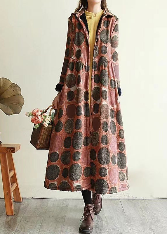 Organic Orange Peter Pan Collar Pockets Print Warm Fleece Coats Winter