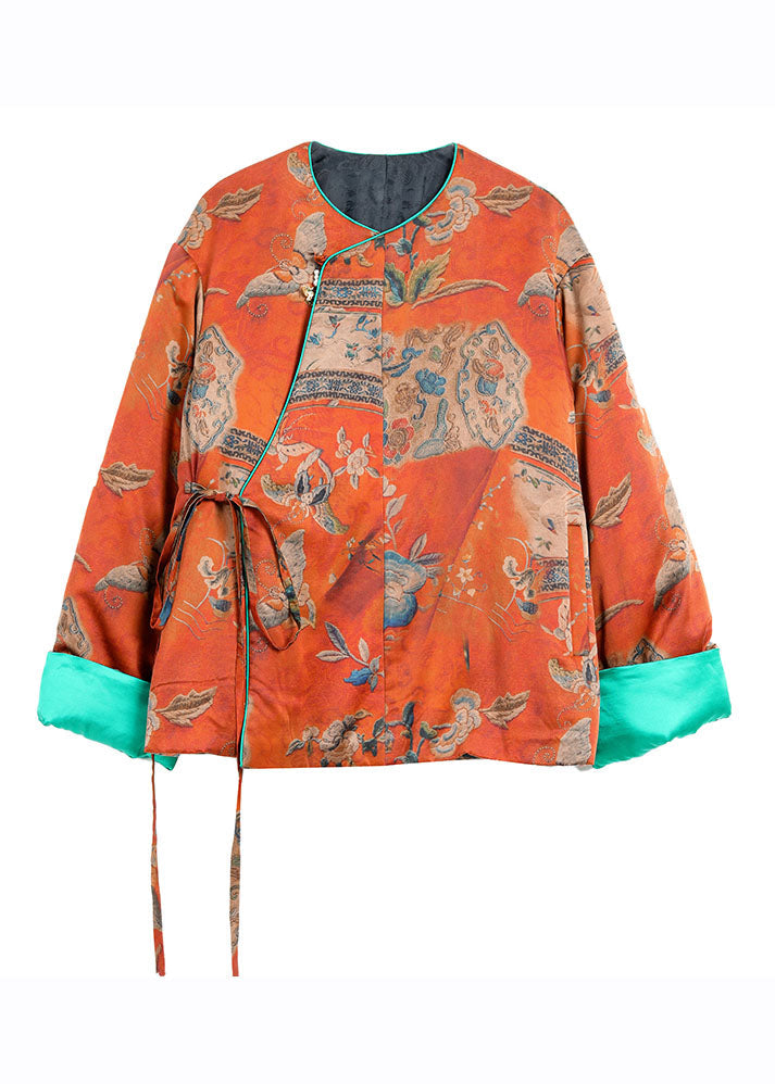 Organic Orange Print Tie Waist Cotton Coats Long Sleeve