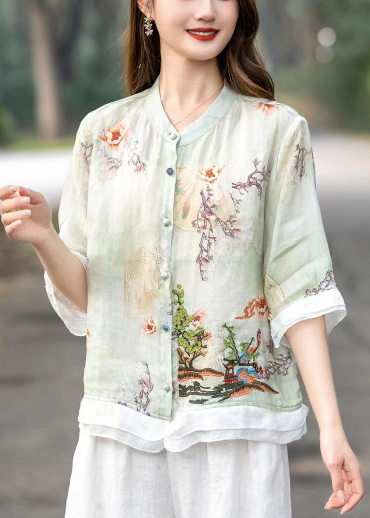 Organic Pink Embroidered Patchwork Print Linen Shirts Half Sleeve