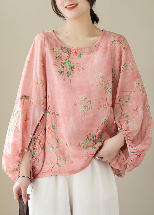 Organic Pink Oversized Print Cotton Top Lantern Sleeve