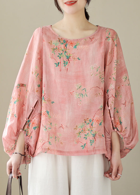 Organic Pink Oversized Print Cotton Top Lantern Sleeve