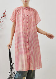 Organic Pink Ruffled Plaid Cotton Maxi Dresses Summer