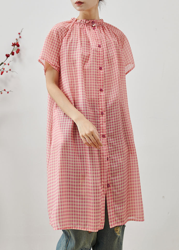 Organic Pink Ruffled Plaid Cotton Maxi Dresses Summer