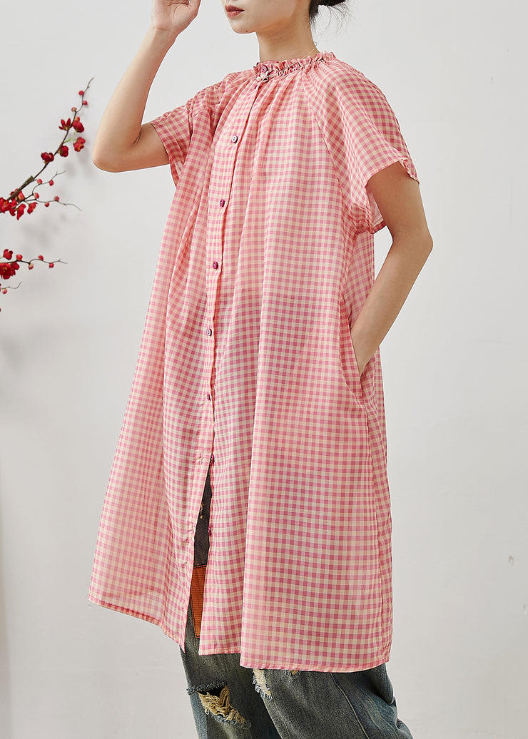 Organic Pink Ruffled Plaid Cotton Maxi Dresses Summer