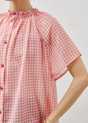 Organic Pink Ruffled Plaid Cotton Maxi Dresses Summer