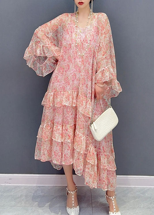 Organic Pink Ruffled Print Patchwork Chiffon Two Piece Suit Dresses Summer