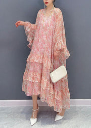 Organic Pink Ruffled Print Patchwork Chiffon Two Piece Suit Dresses Summer