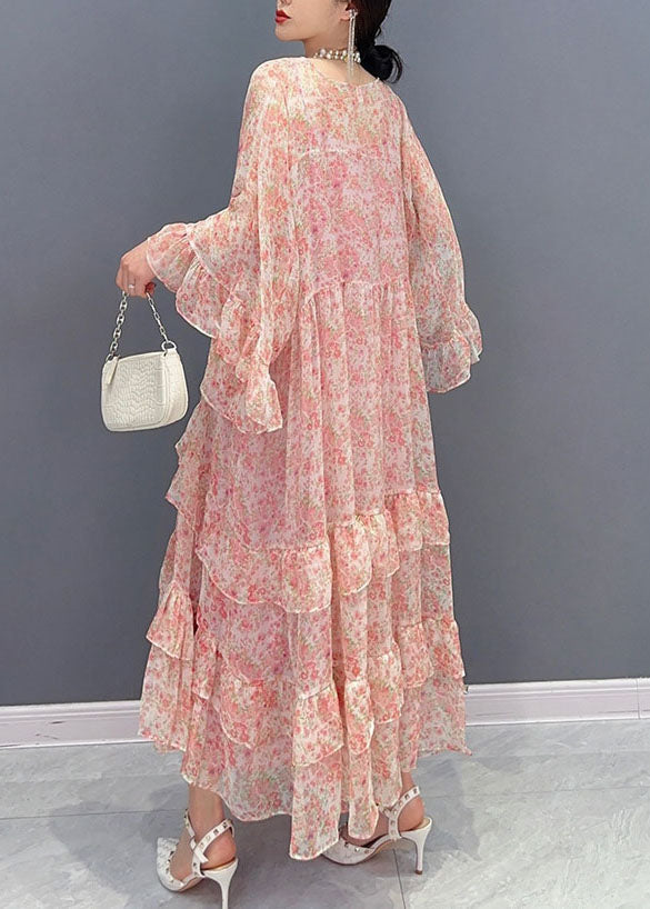 Organic Pink Ruffled Print Patchwork Chiffon Two Piece Suit Dresses Summer