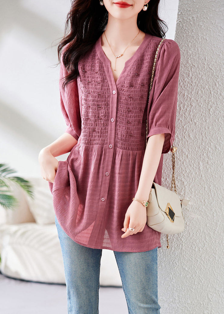 Organic Pink V Neck Wrinkled Button Shirts Half Sleeve