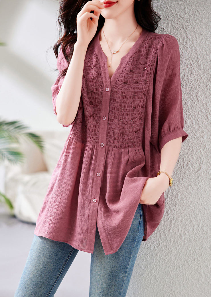 Organic Pink V Neck Wrinkled Button Shirts Half Sleeve