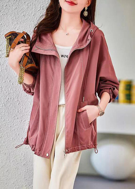 Organic Pink Zip Up Pockets Patchwork Cotton Hoodies Outwear Fall