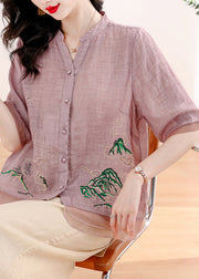 Organic Purple Embroidered Patchwork Linen Two Pieces Set Summer