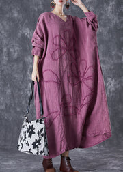 Organic Purple Embroideried Floral Linen Maxi Dresses Fall